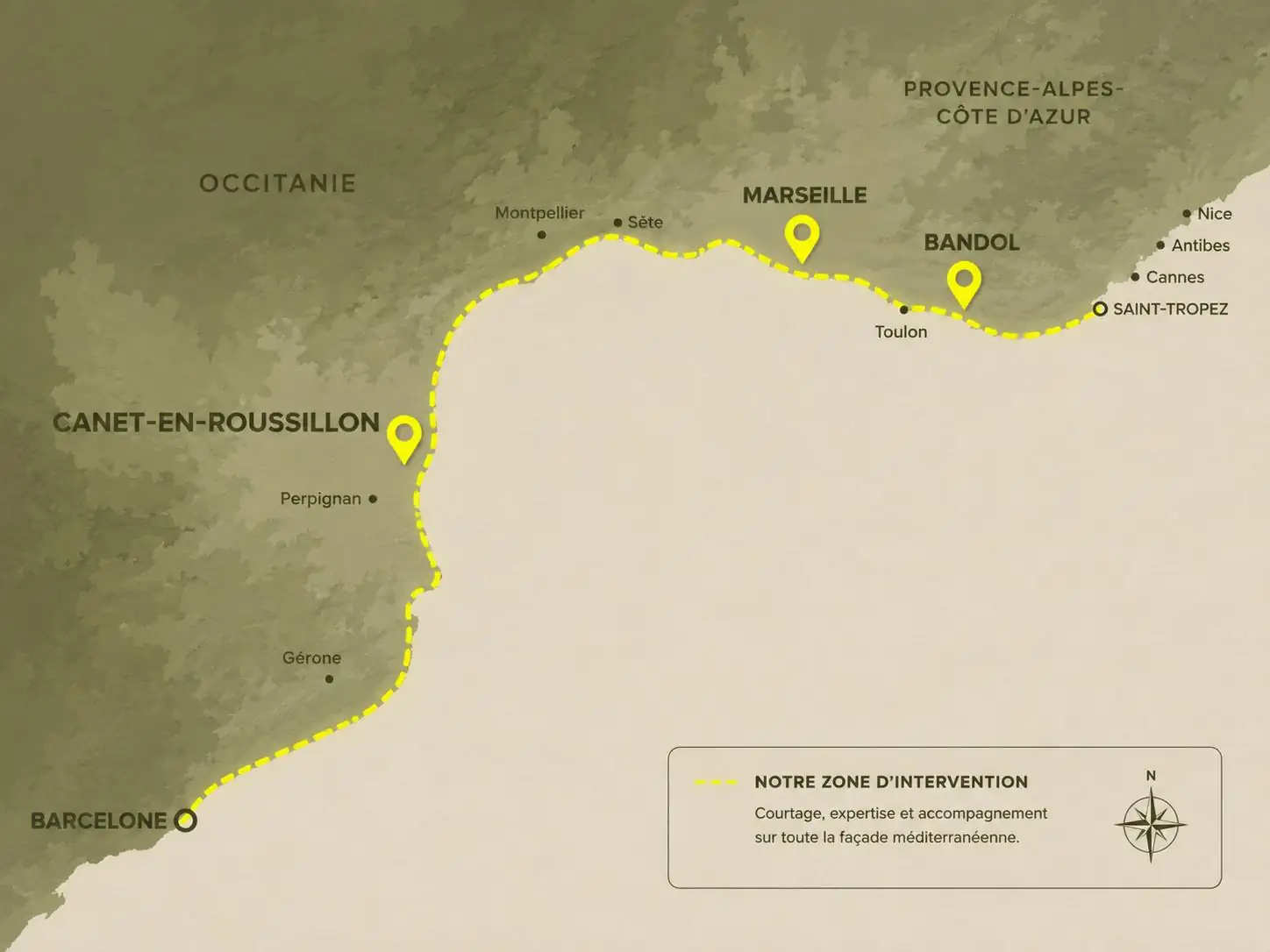 Carte de la zone d'intervention, de Barcelone au golfe de Saint-Tropez